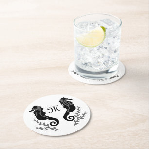 Dessous-de-verre Rond En Papier Monogramme de silhouette de cheval de mer noir