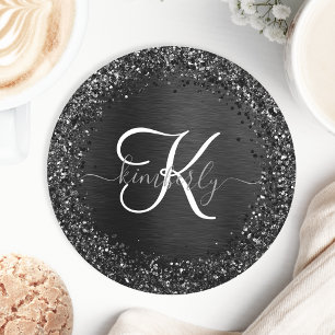 Dessous-de-verre Rond En Papier Monogramme d'étincelle à Parties scintillant noire
