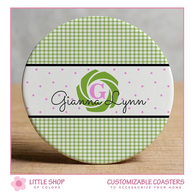 Dessous-de-verre Rond En Papier Monogramme En vichy vert (Créateur téléchargé)
