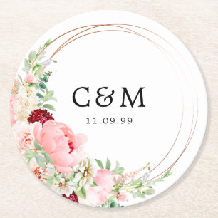 Dessous-de-verre Rond En Papier Monogramme et date de mariage floraux rose blanc r