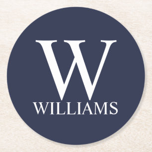 Dessous-de-verre Rond En Papier Monogramme et nom personnalisés bleu marine