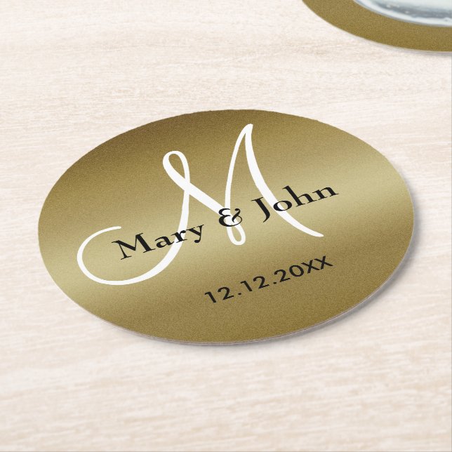 Dessous-de-verre Rond En Papier Monogramme Mariage Merci Shimmery Gold (Incliné)