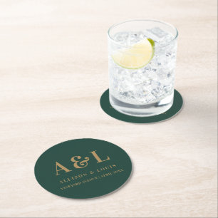 Dessous-de-verre Rond En Papier Monogramme minimaliste mariage Emerald Green Gold