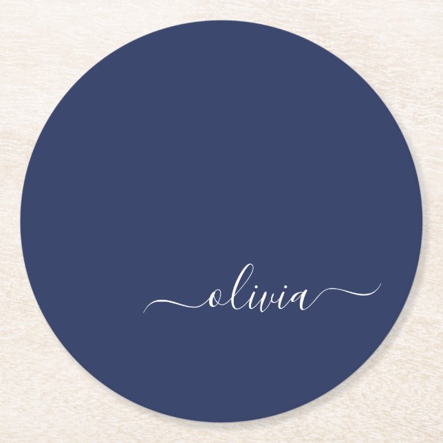 Dessous-de-verre Rond En Papier Monogramme moderne bleu marine et blanc (Devant)