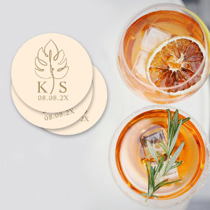 Dessous-de-verre Rond En Papier Monogramme Monstera personnalisé Enregistrer le lo