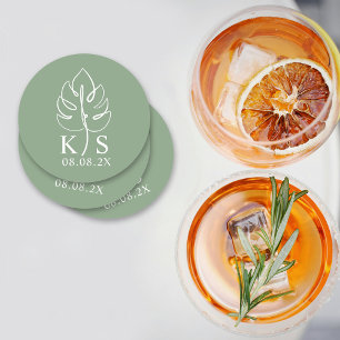 Dessous-de-verre Rond En Papier Monogramme Monstera personnalisé Enregistrer le lo
