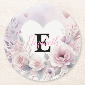Dessous-de-verre Rond En Papier Monogramme nom cœurs floraux aquarelle romantique