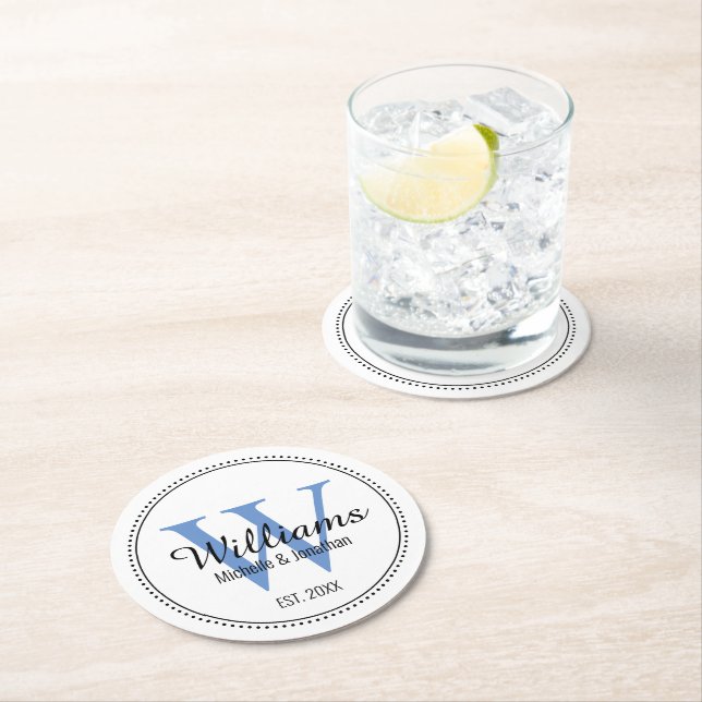 Dessous-de-verre Rond En Papier Monogramme personnalisé Nouveau bleu (En situation)