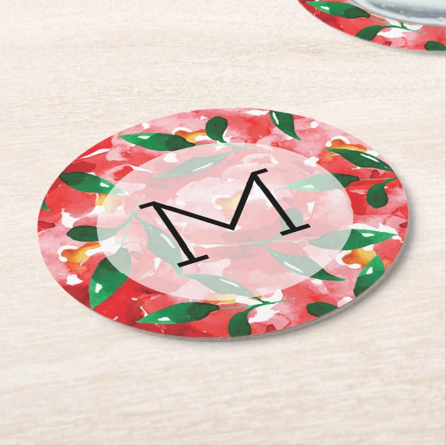 Dessous-de-verre Rond En Papier Monogramme Roses rouges (Incliné)