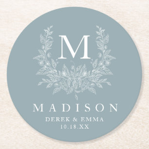 Dessous-de-verre Rond En Papier Monogramme rustique moderne Cadet Grey mariage