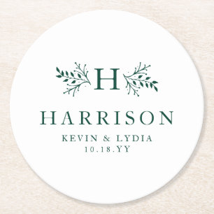 Dessous-de-verre Rond En Papier Monogramme rustique vert foncé simple mariage clas