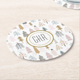 Dessous-de-verre Rond En Papier Monogramme, Whimsical Winter Country Trees