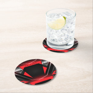Dessous-de-verre Rond En Papier Monographie de jeu géométrique en argent, noir, ro