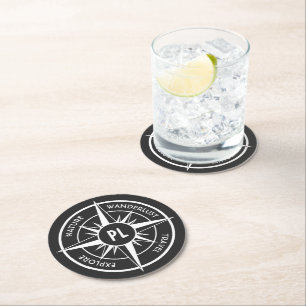 Dessous-de-verre Rond En Papier Monographie d'emblème de compas noir et blanc