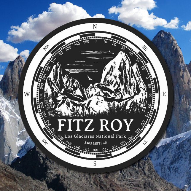 Dessous-de-verre Rond En Papier Mont Fitz Roy - Cerro Chaltén Amérique du Sud (Mount Fitz Roy Coaster in Back with a white compass and mountain illustration)