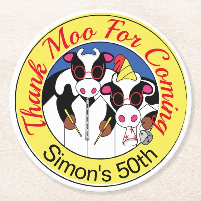 Dessous-de-verre Rond En Papier Moosiciens Funny Cow fête d'anniversaire (Devant)