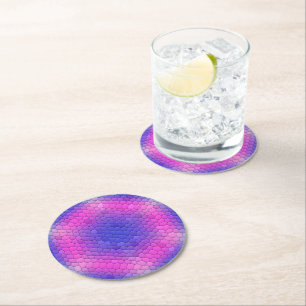 Dessous-de-verre Rond En Papier Mosaïque d'hexagone rose sur dégradé bleu
