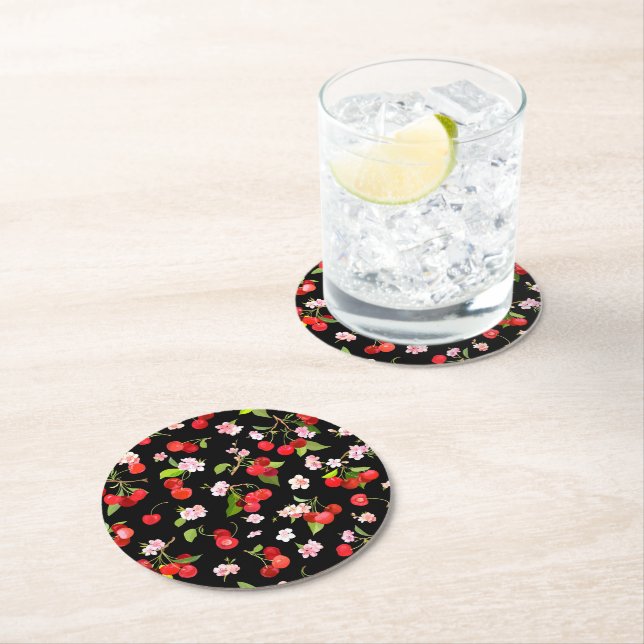Dessous-de-verre Rond En Papier Motif cerise 2 (En situation)