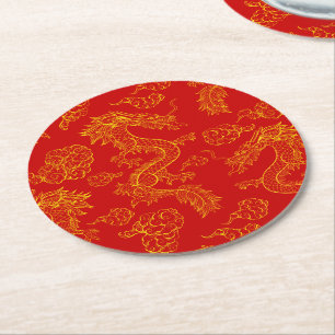 Dessous-de-verre Rond En Papier Motif de dragon oriental or et rouge 