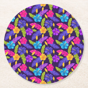 Dessous-de-verre Rond En Papier Motif de feuilles et fleurs tropicales-23857