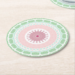 Dessous-de-verre Rond En Papier Motif de mandala géométrique vert menthe et rose