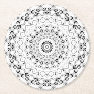 Dessous-de-verre Rond En Papier Motif Mandala géométrique noir et blanc