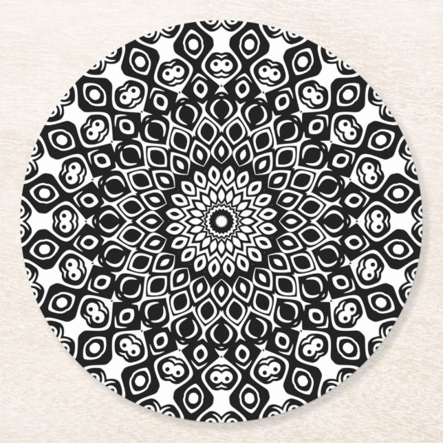 Dessous-de-verre Rond En Papier Motif Mandala noir et blanc (Devant)