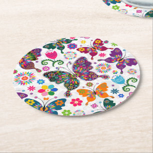 Dessous-de-verre Rond En Papier Motif Monogramme de papillons colorés et de fleurs