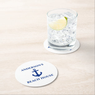 Dessous-de-verre Rond En Papier Nautical Beach House Nom de famille Ancre