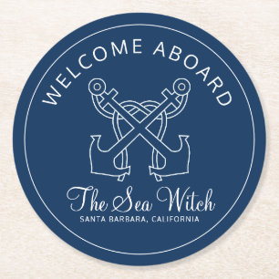 Dessous-de-verre Rond En Papier Nautical Navy Blue Welcome Aboard Nom du bateau