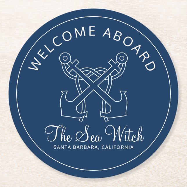 Dessous-de-verre Rond En Papier Nautical Navy Blue Welcome Aboard Nom du bateau (Devant)