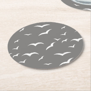 Dessous-de-verre Rond En Papier Nautique gris doux et blanc d'oiseaux de mer