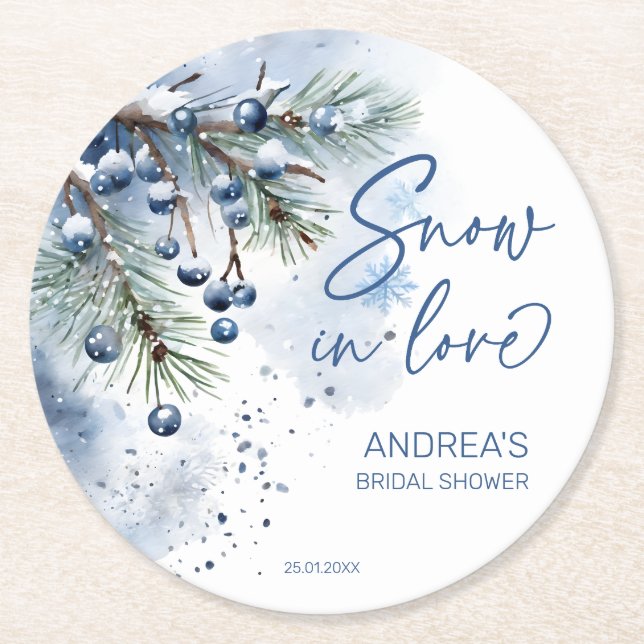 Dessous-de-verre Rond En Papier Neige amoureuse douche nuptiale hiver faveurs (Devant)