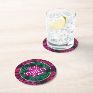 Dessous-de-verre Rond En Papier Neon Pink Tropical Talk Trente à moi 30e anniversa