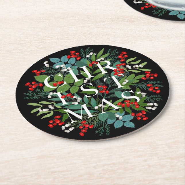 Dessous-de-verre Rond En Papier NOËL Berries vertes Vacances Noir (Incliné)