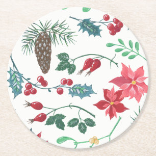 Dessous-de-verre Rond En Papier Noël botanique traditionnel (blanc)