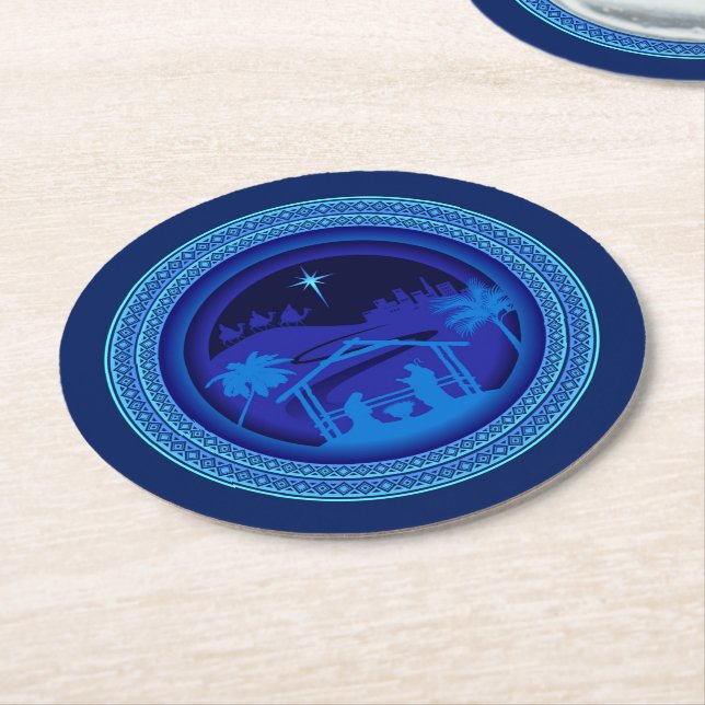 Dessous-de-verre Rond En Papier Noël de la Nativité bleue (Incliné)