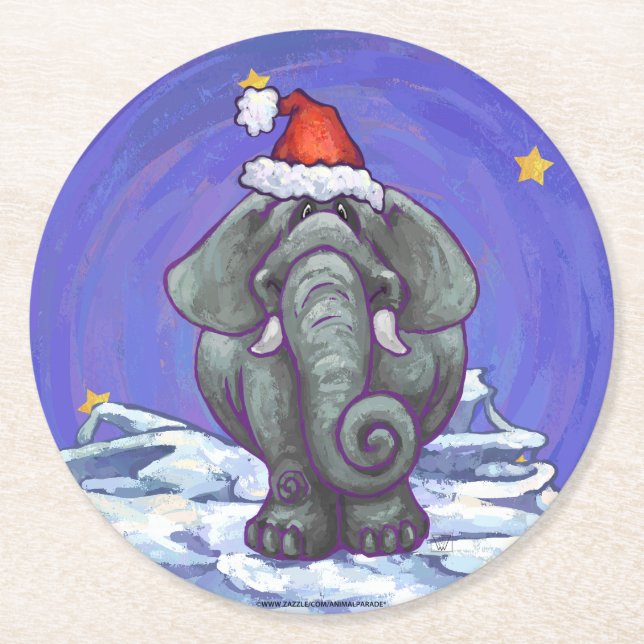 Dessous-de-verre Rond En Papier Noël des éléphants (Devant)