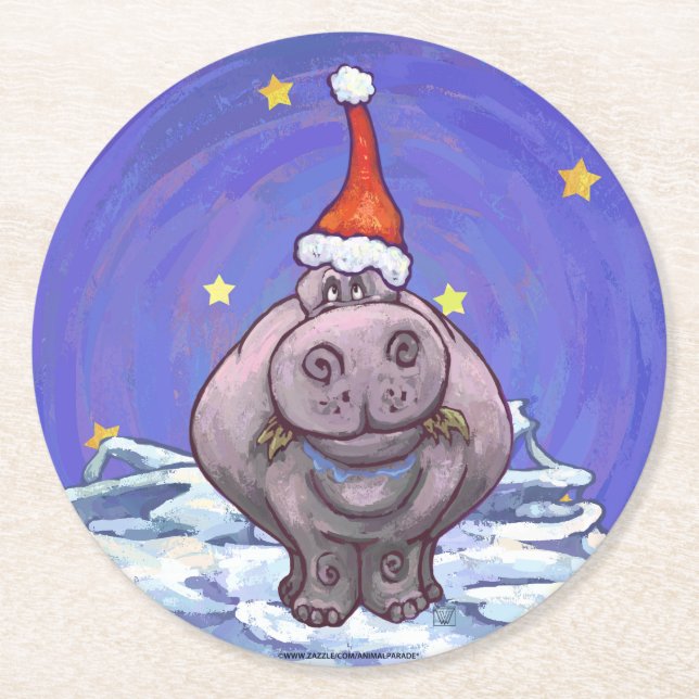Dessous-de-verre Rond En Papier Noël Hippopotame (Devant)