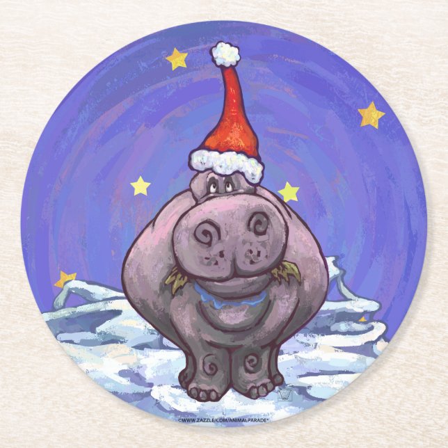 Dessous-de-verre Rond En Papier Noël Hippopotame (Devant)