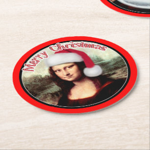 Dessous-de-verre Rond En Papier Noël Mona Lisa avec chapeau de Santa