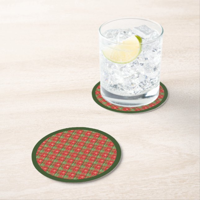 Dessous-de-verre Rond En Papier Noël Plaid Rouge, Vert avec Flèche-Neige Or