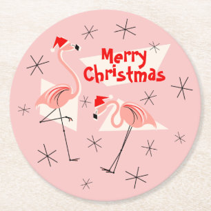 Dessous-de-verre Rond En Papier Noël rose de Santa de Flamant rose Joyeux rond