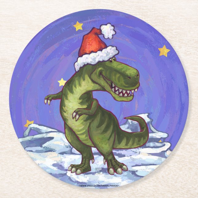 Dessous-de-verre Rond En Papier Noël Tyrannosaurus (Devant)