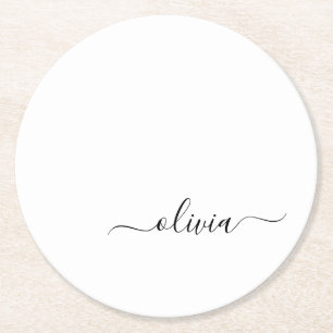 Dessous-de-verre Rond En Papier Noir Blanc moderne Script Girl Monogramme Nom