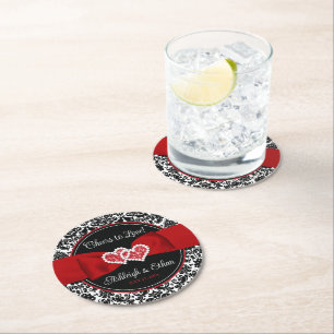 Dessous-de-verre Rond En Papier Noir, Blanc, Rouge Damas amour Coeurs Mariage