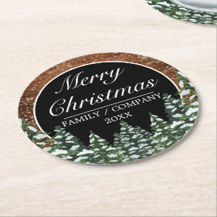 Dessous-de-verre Rond En Papier Noir Snowy Bois & Pin Forêt Joyeux Noël