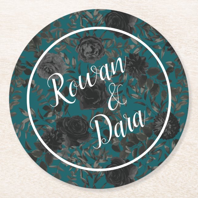 Dessous-de-verre Rond En Papier Noir Turquoise Rose gothique Elégant Mariage (Devant)