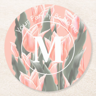 Dessous-de-verre Rond En Papier Nom De Famille Élégant Monogramme Peach Tulips P