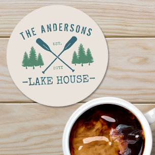 Dessous-de-verre Rond En Papier Nom de famille Lake House Oars rustiques Pine Tree